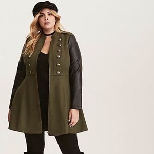 Torrid green coat with faux leather sleeves size 2